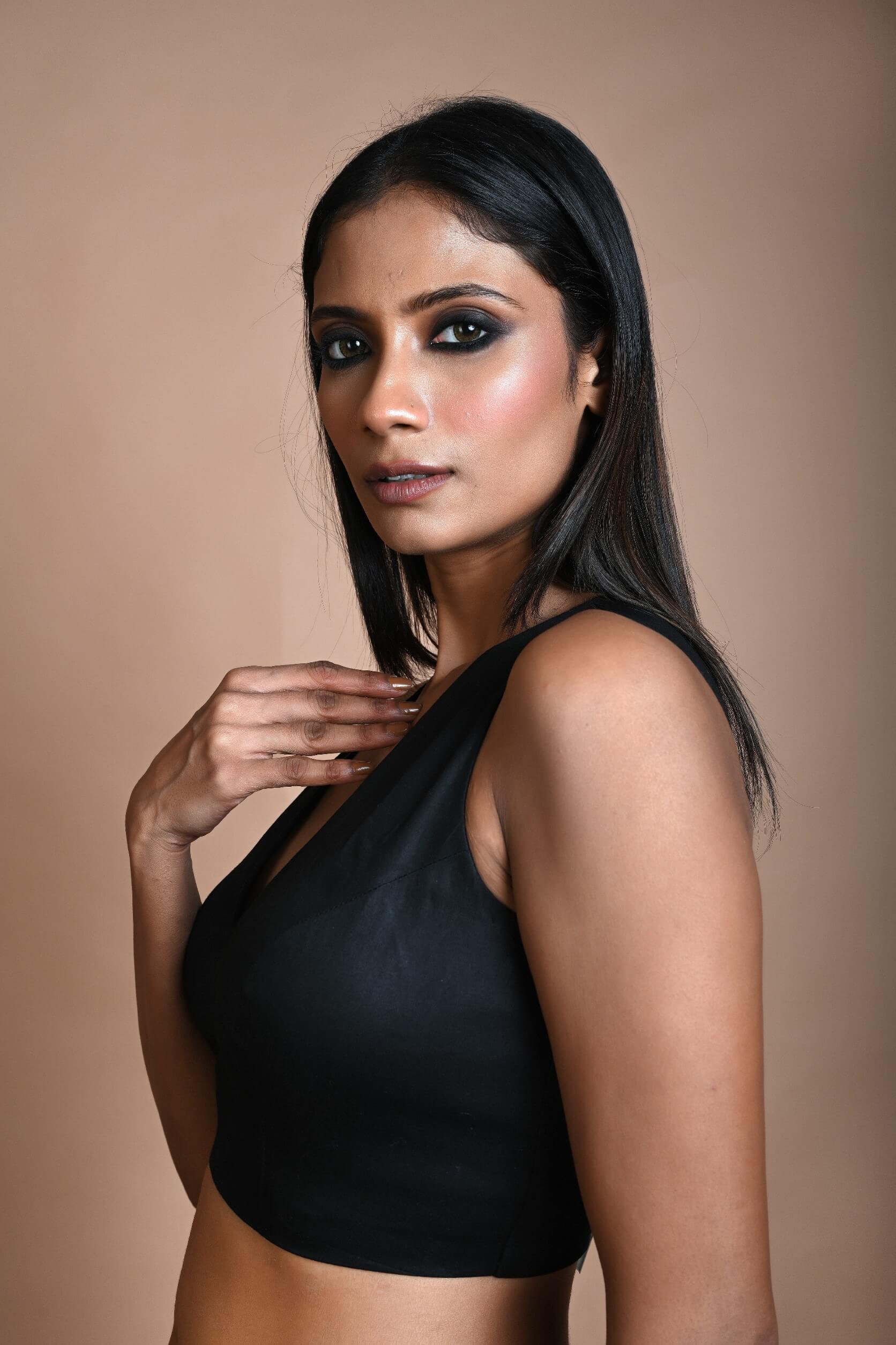 Black Sleeveless blouse with V Neck Neckline - Image 3