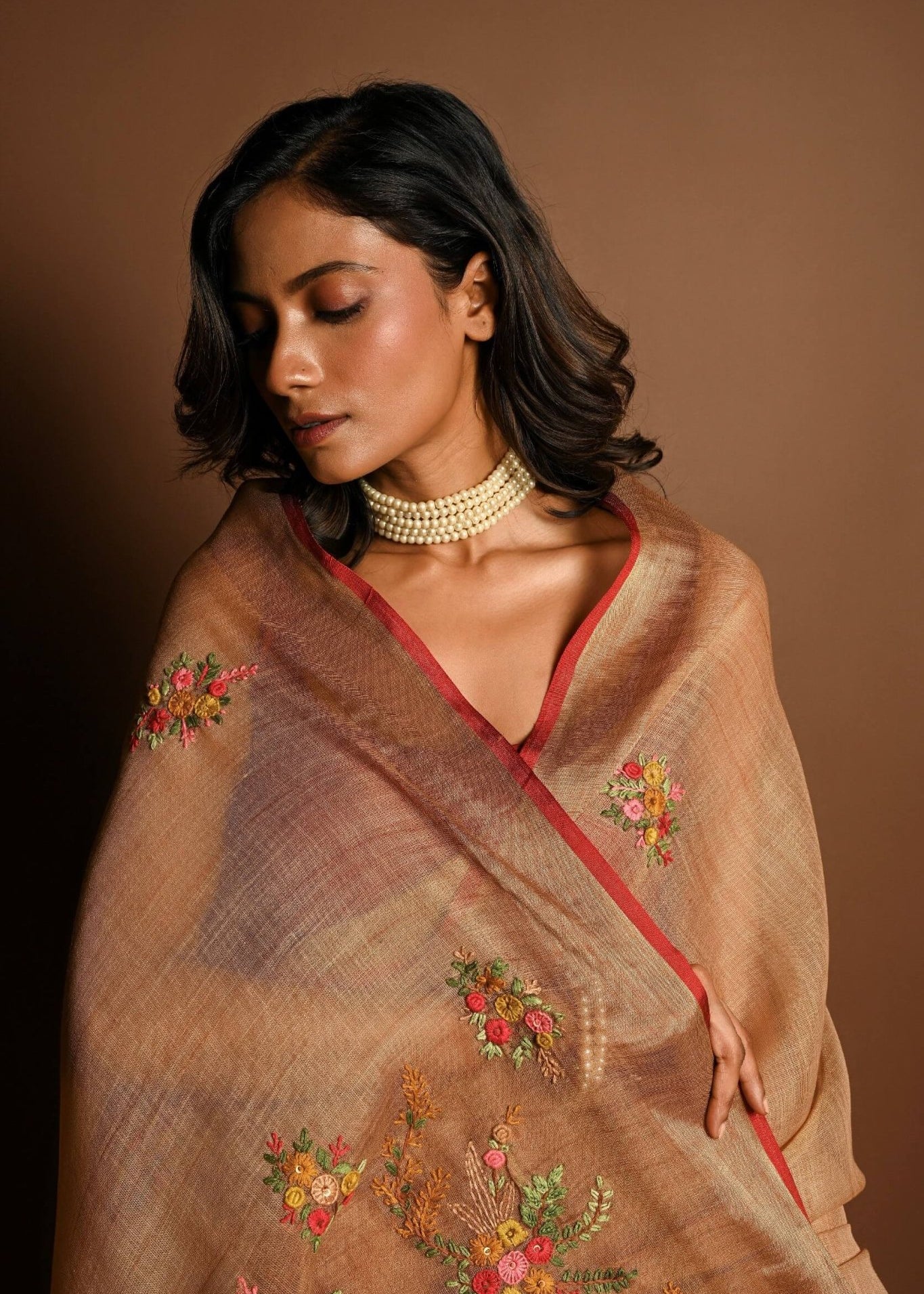 Light Brown Pure Linen Saree with Floral Resham Thread Embroidery Work - Anvi Couture