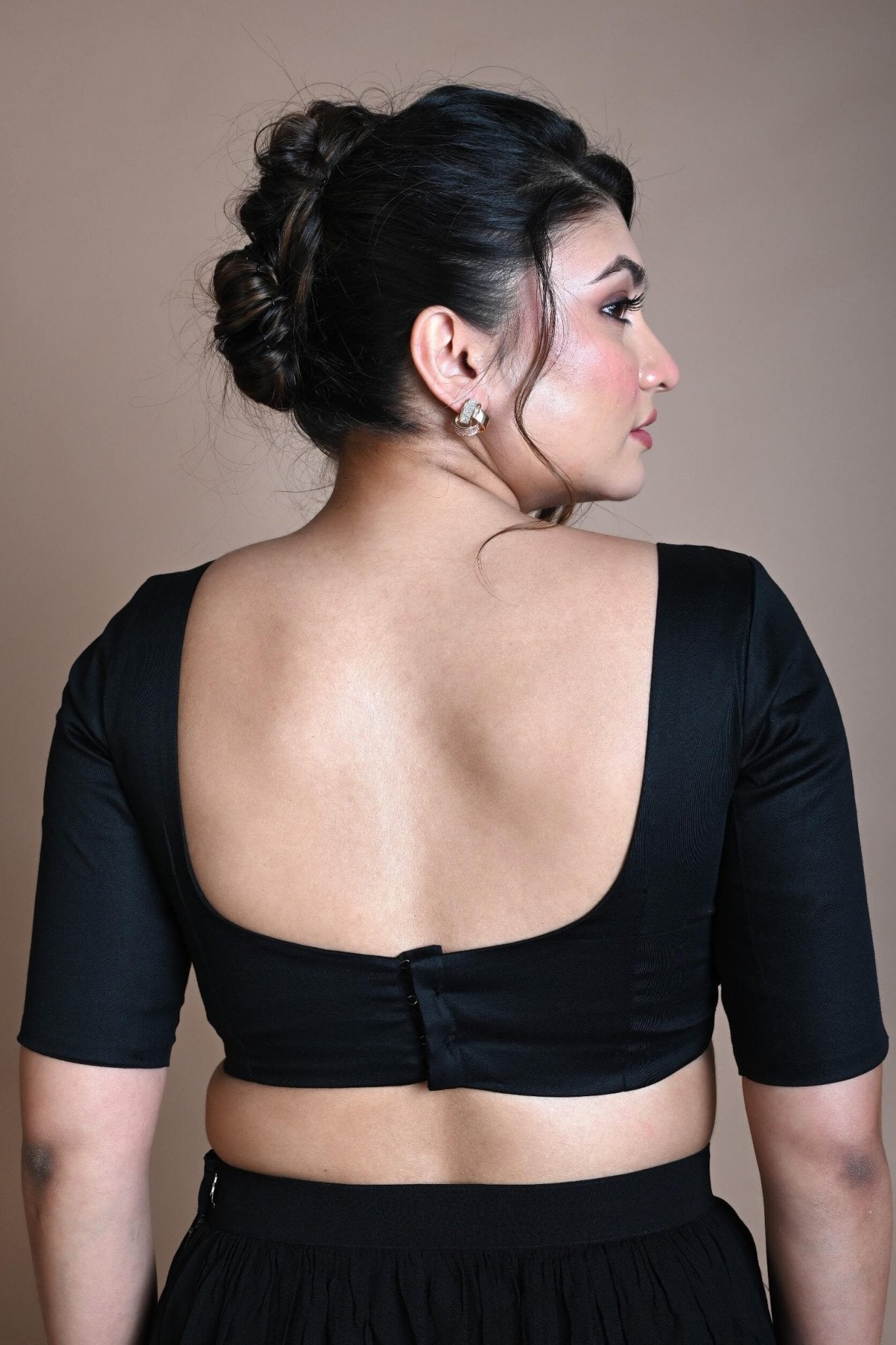 Black Half Sleeve Blouse in Cotton with Square Neckline - Image 3