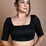 Black Half Sleeve Blouse in Cotton with Square Neckline - Image 1