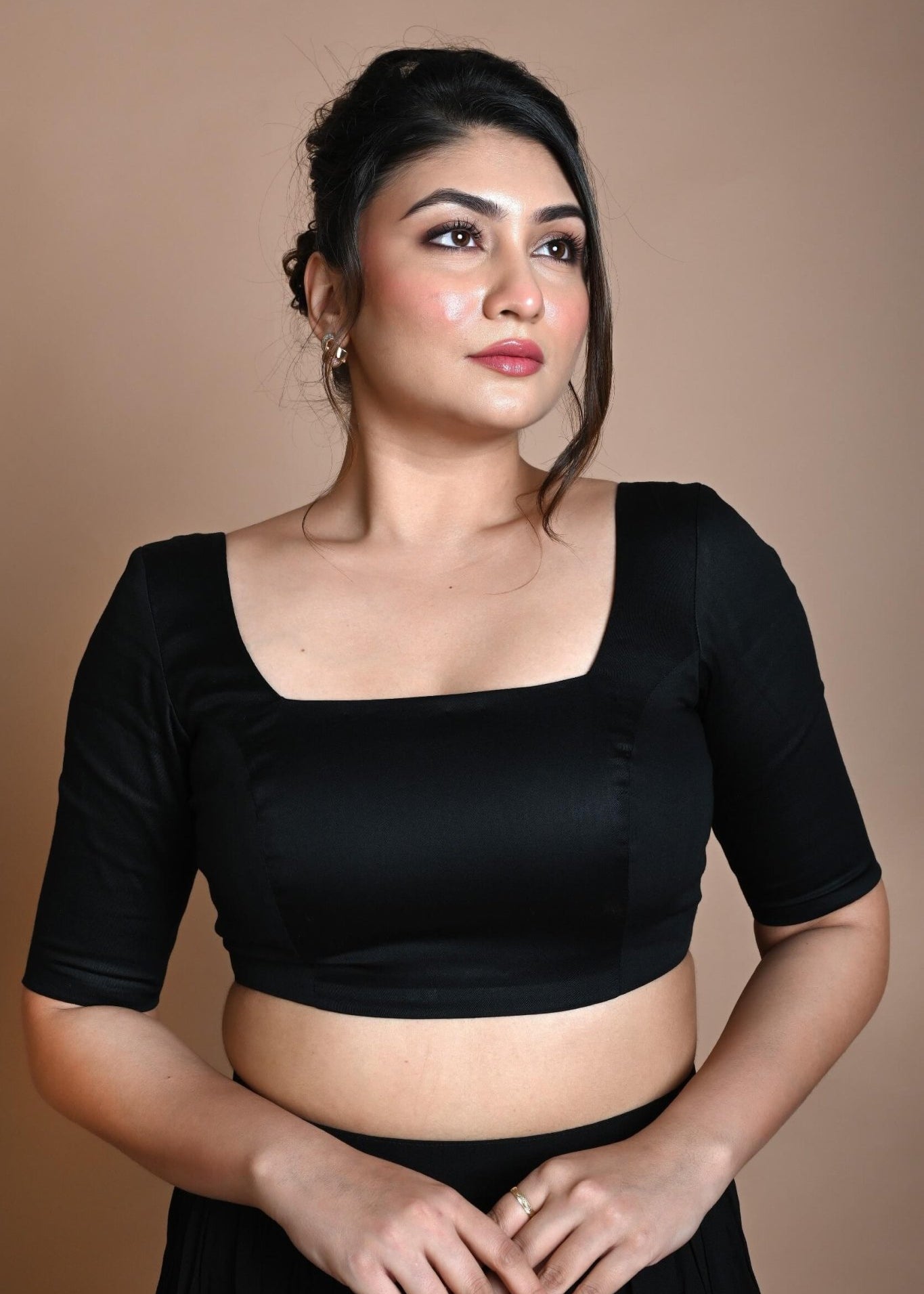 Black Half Sleeve Blouse in Cotton with Square Neckline - Image 1