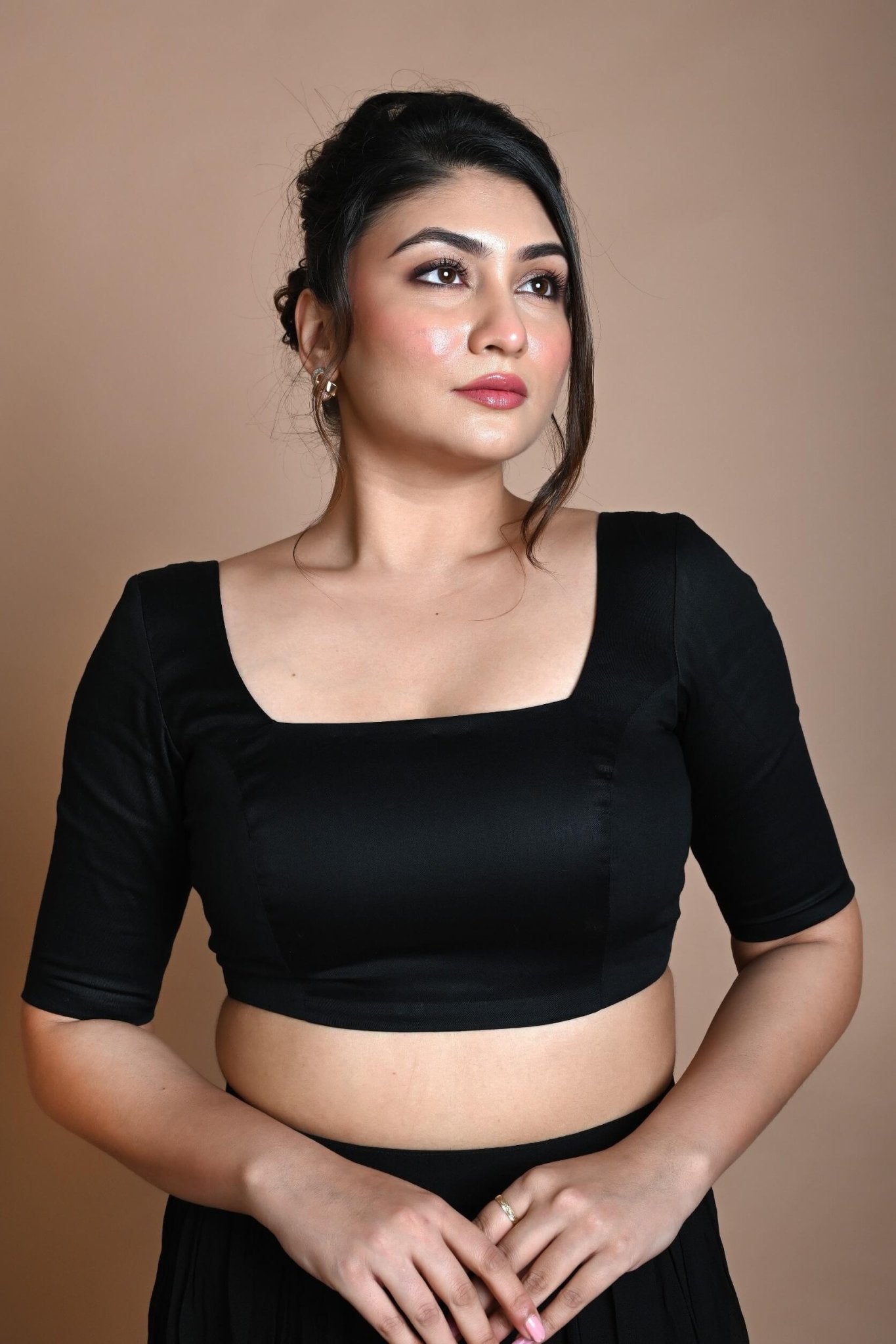 Black Half Sleeve Blouse in Cotton with Square Neckline - Image 1