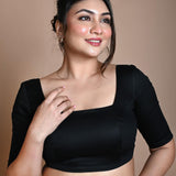 Black Half Sleeve Blouse in Cotton with Square Neckline - Image 2