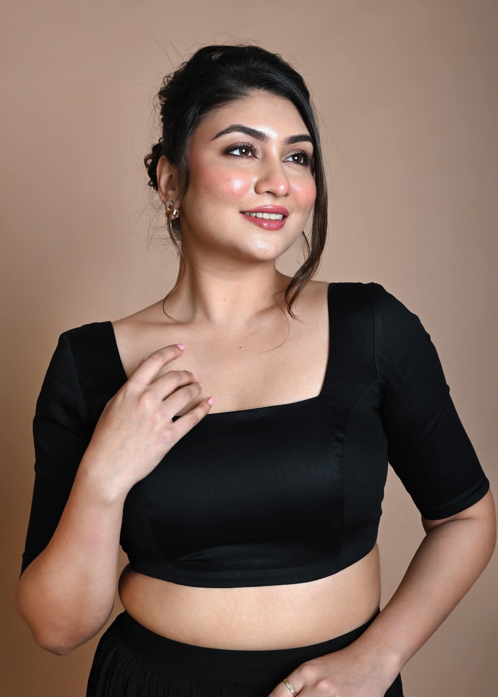 Black Half Sleeve Blouse in Cotton with Square Neckline - Image 2