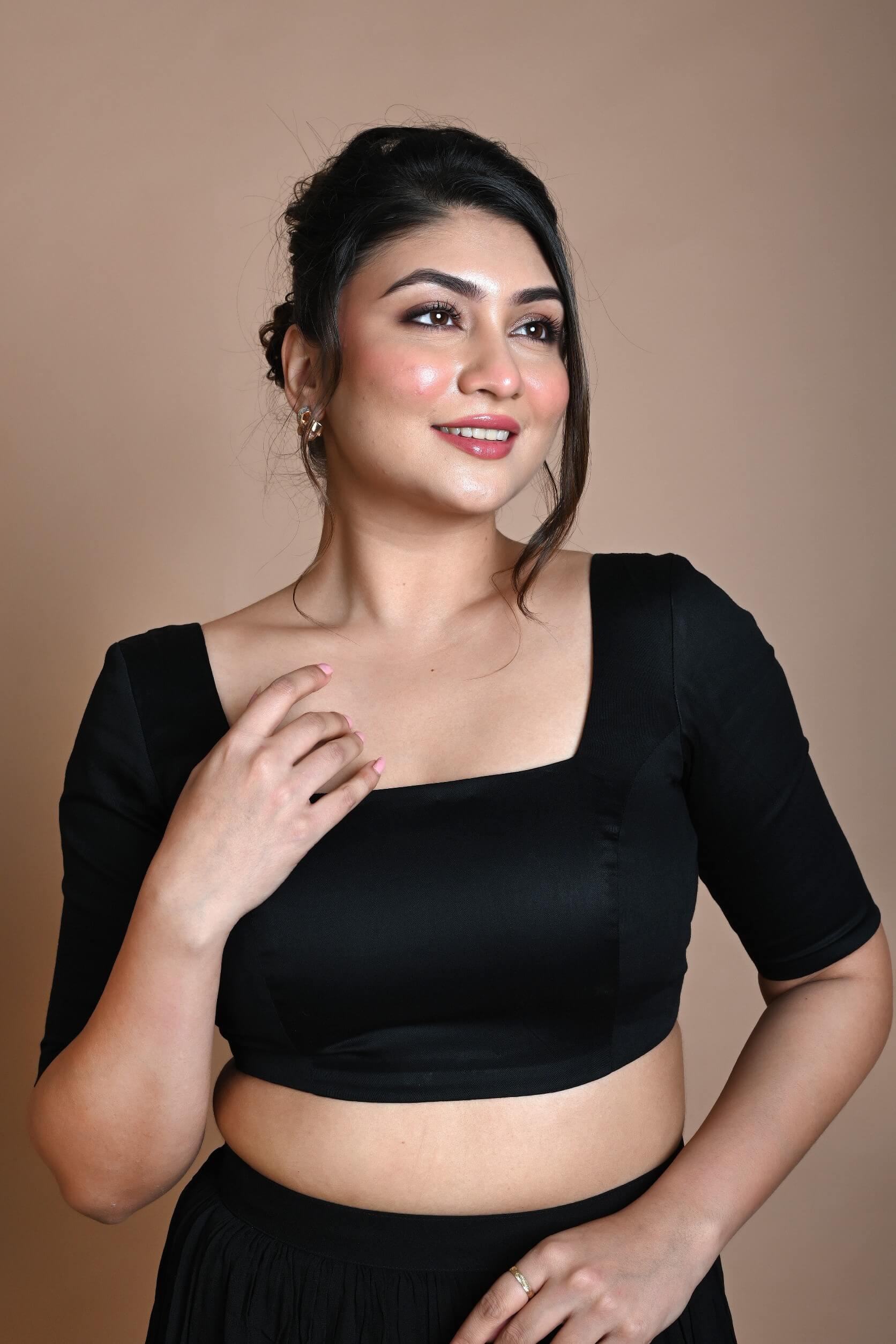 Black Half Sleeve Blouse in Cotton with Square Neckline - Image 2