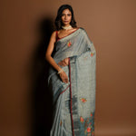 Grey Pure Linen Saree with Floral Resham Thread Embroidery Work - Anvi Couture