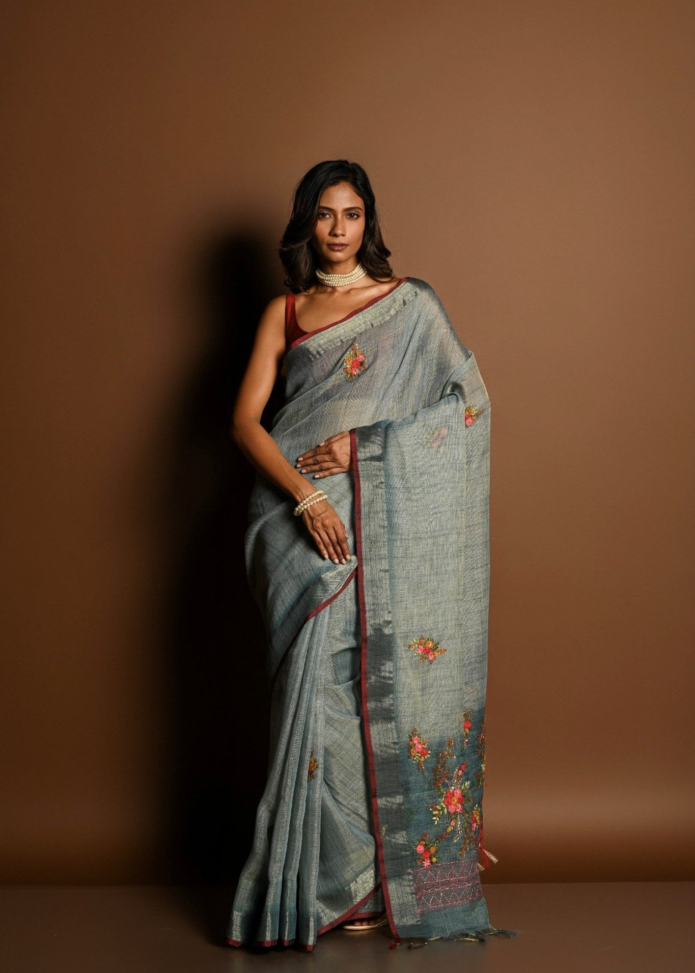 Grey Pure Linen Saree with Floral Resham Thread Embroidery Work - Anvi Couture