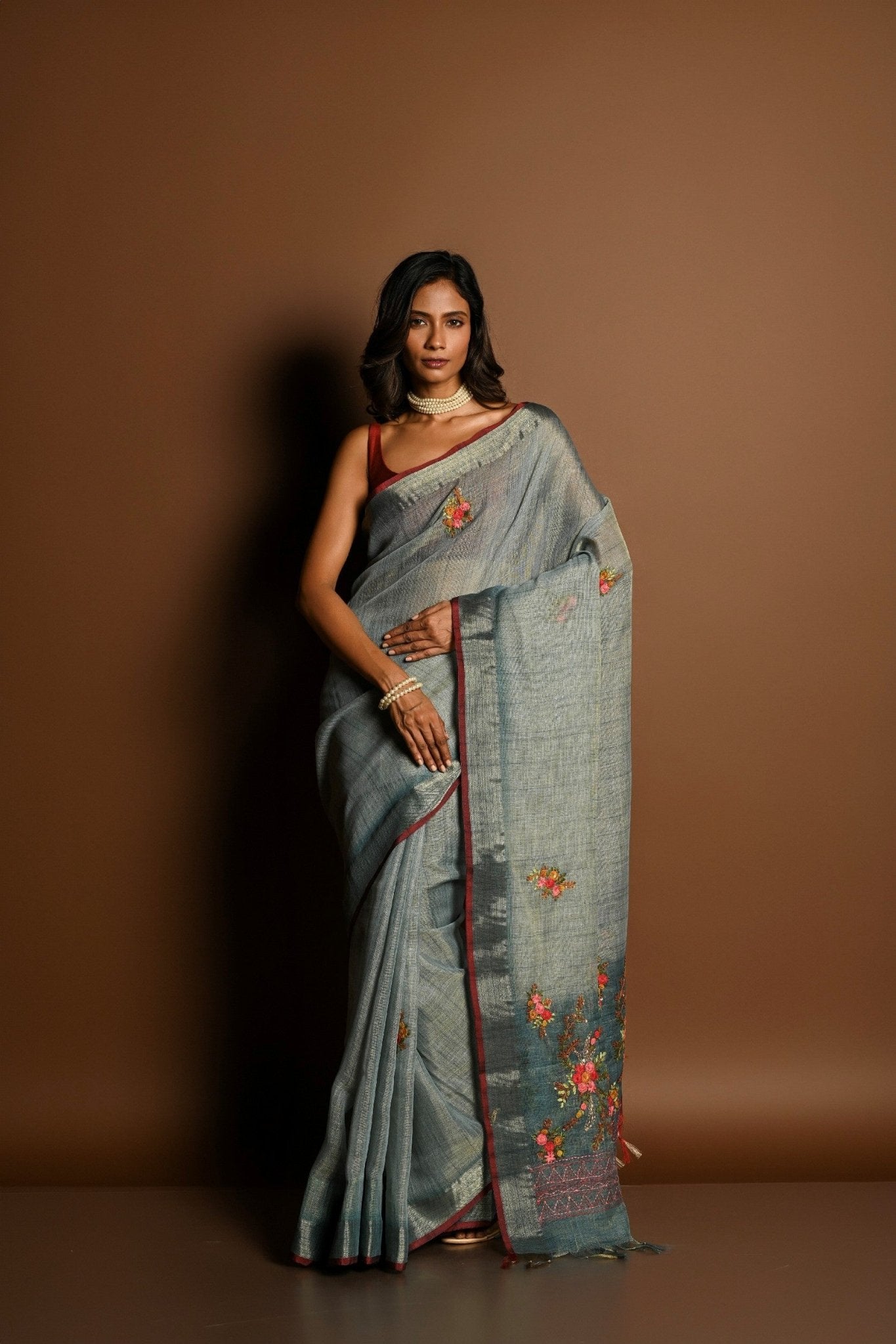 Grey Pure Linen Saree with Floral Resham Thread Embroidery Work - Anvi Couture