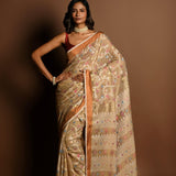 Cream Color Jamdani Saree with All Over Floral Weaving - Anvi Couture