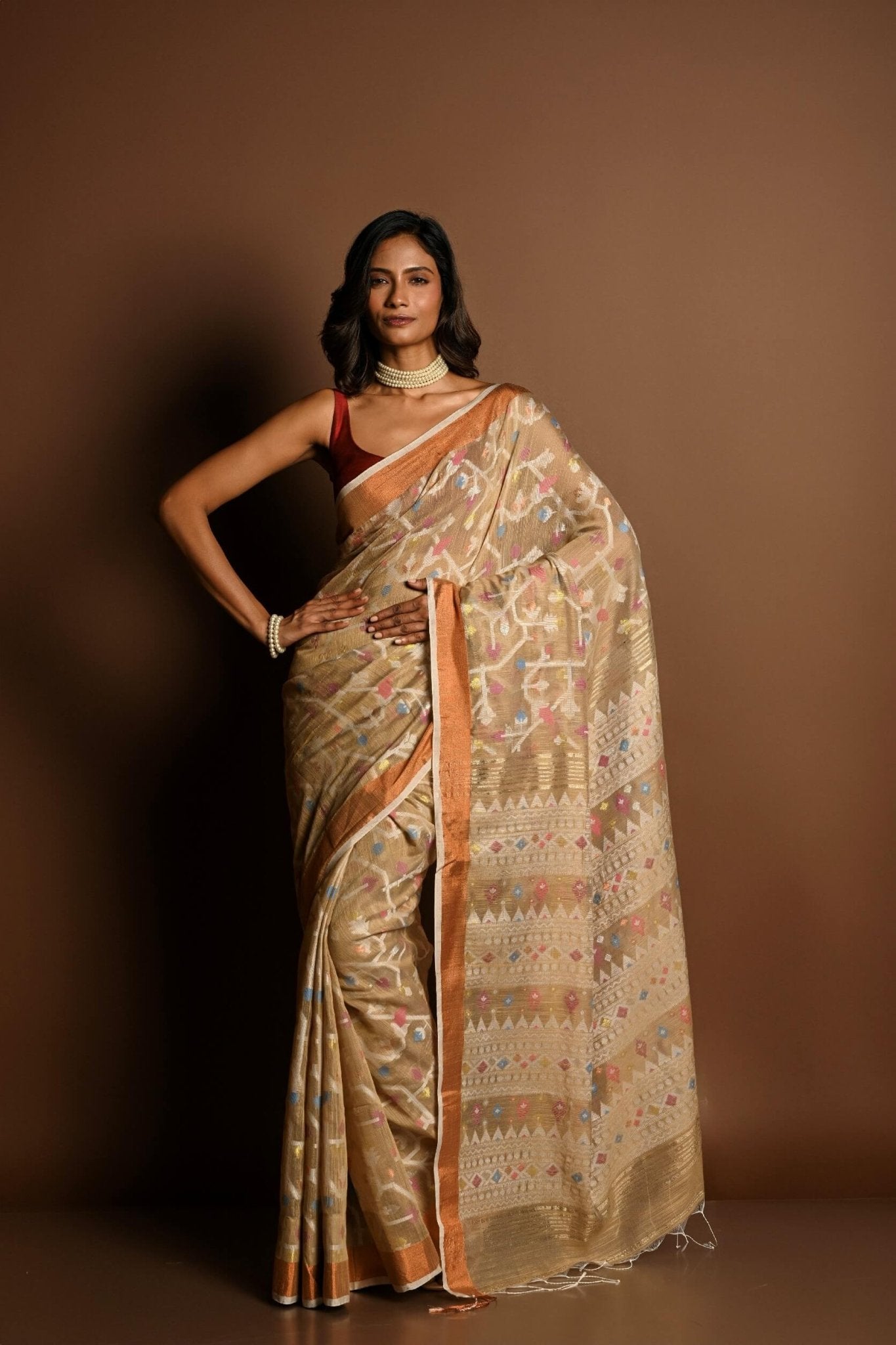 Cream Color Jamdani Saree with All Over Floral Weaving - Anvi Couture