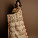 Cream Color Jamdani Saree with All Over Floral Weaving - Anvi Couture