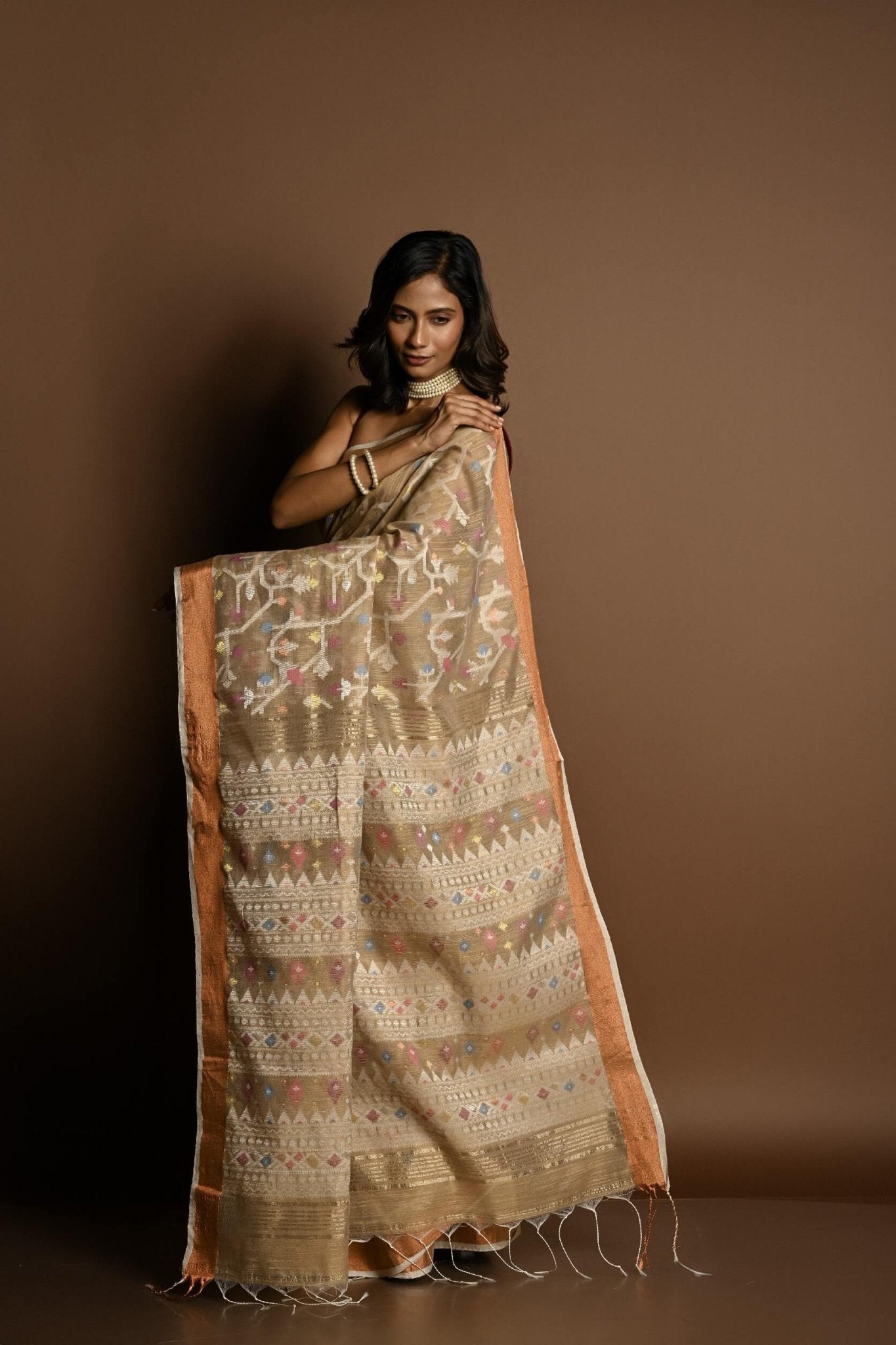 Cream Color Jamdani Saree with All Over Floral Weaving - Anvi Couture