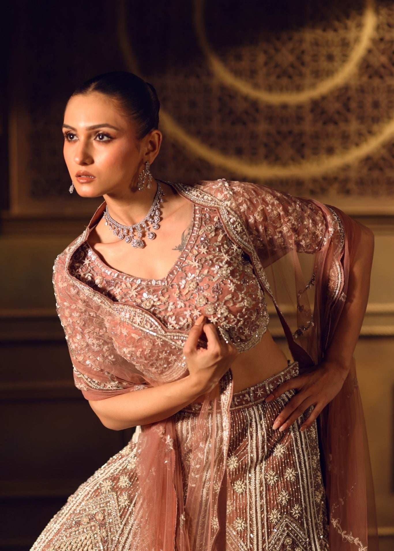 Dusty Pink Bridal Lehenga Set in Net with All Over Embroidery and Dupatta - Anvi Couture