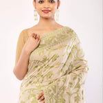 Off - White Jamdani Saree with All - Over Green and Gold Floral Motifs - Anvi Couture
