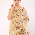 Cream Cotton Pure Dhakai Jamdani Saree with All Over Motifs - Anvi Couture