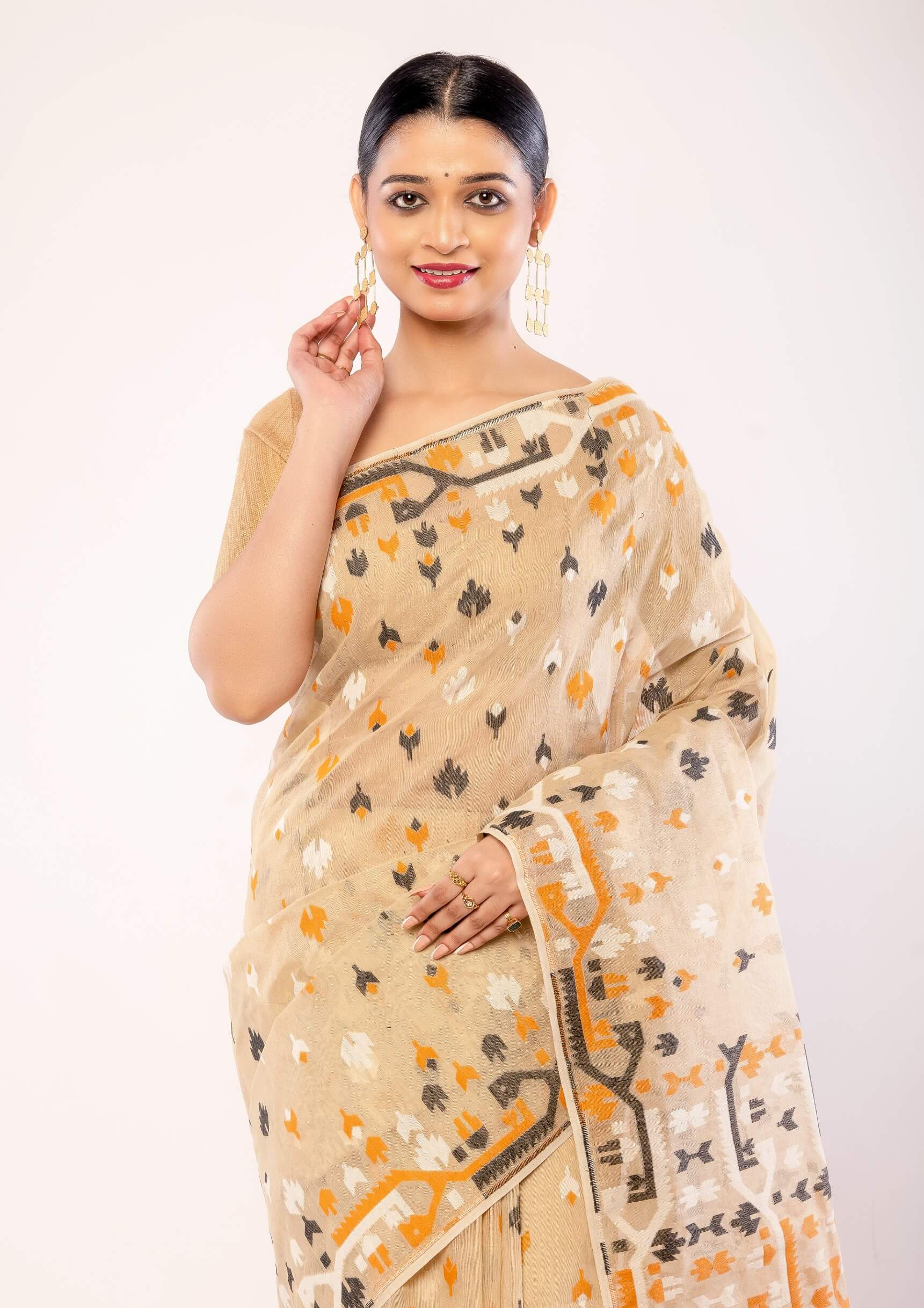 Cream Cotton Pure Dhakai Jamdani Saree with All Over Motifs - Anvi Couture