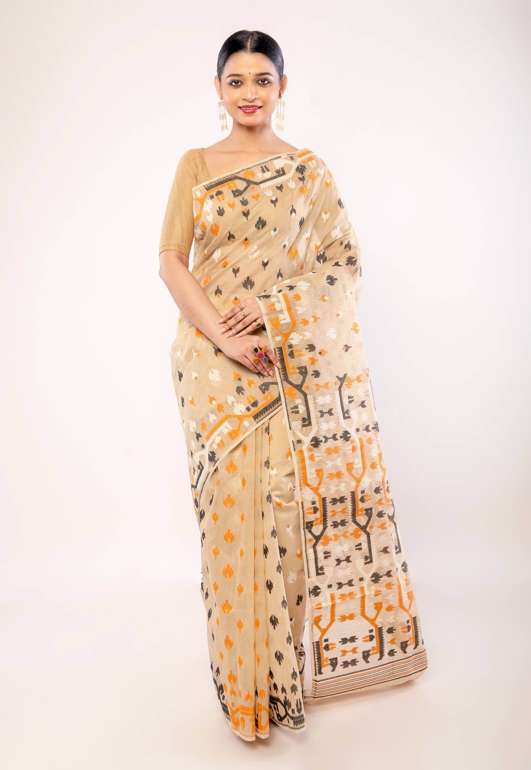 Cream Cotton Pure Dhakai Jamdani Saree with All Over Motifs - Anvi Couture