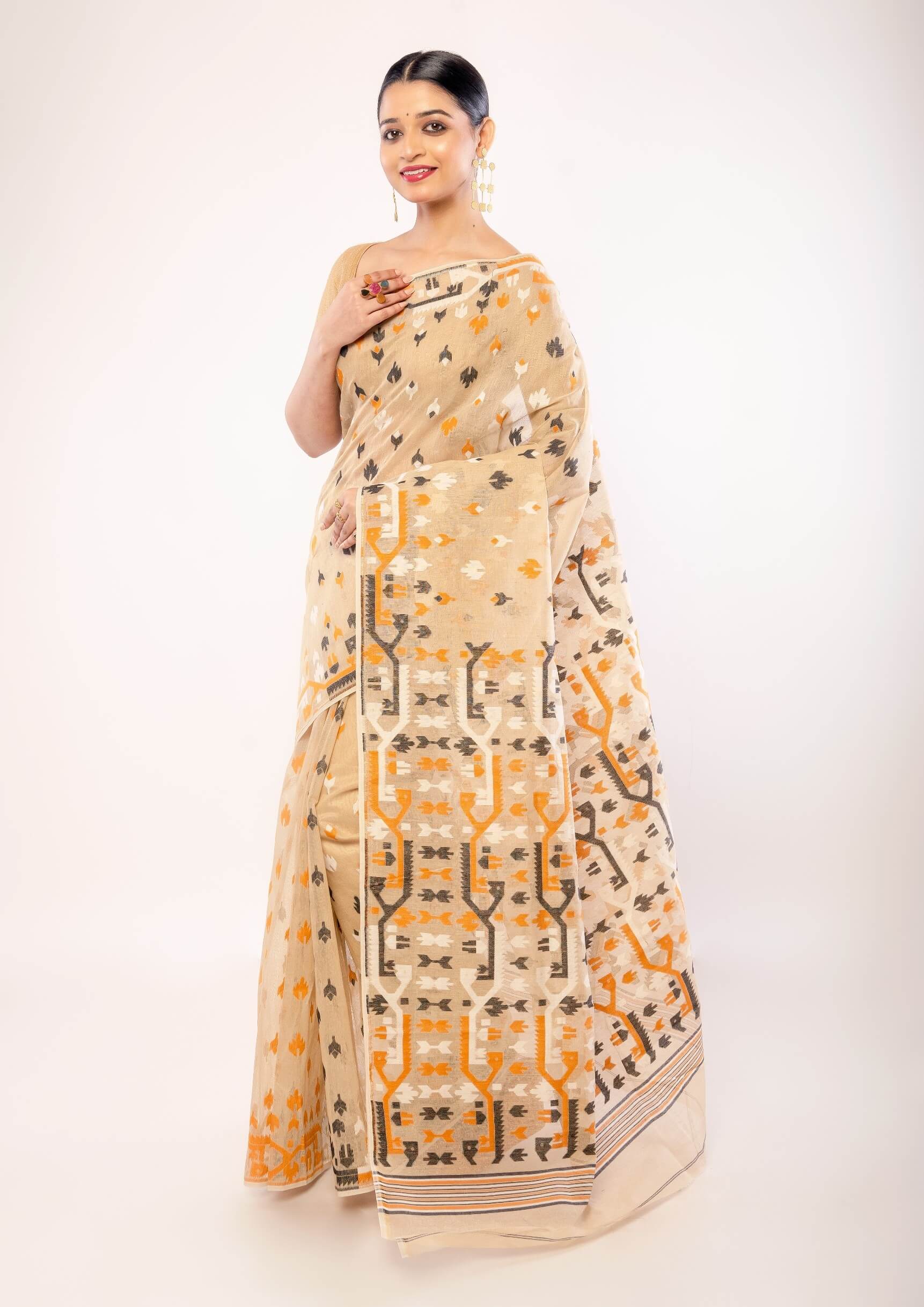 Cream Cotton Pure Dhakai Jamdani Saree with All Over Motifs - Anvi Couture