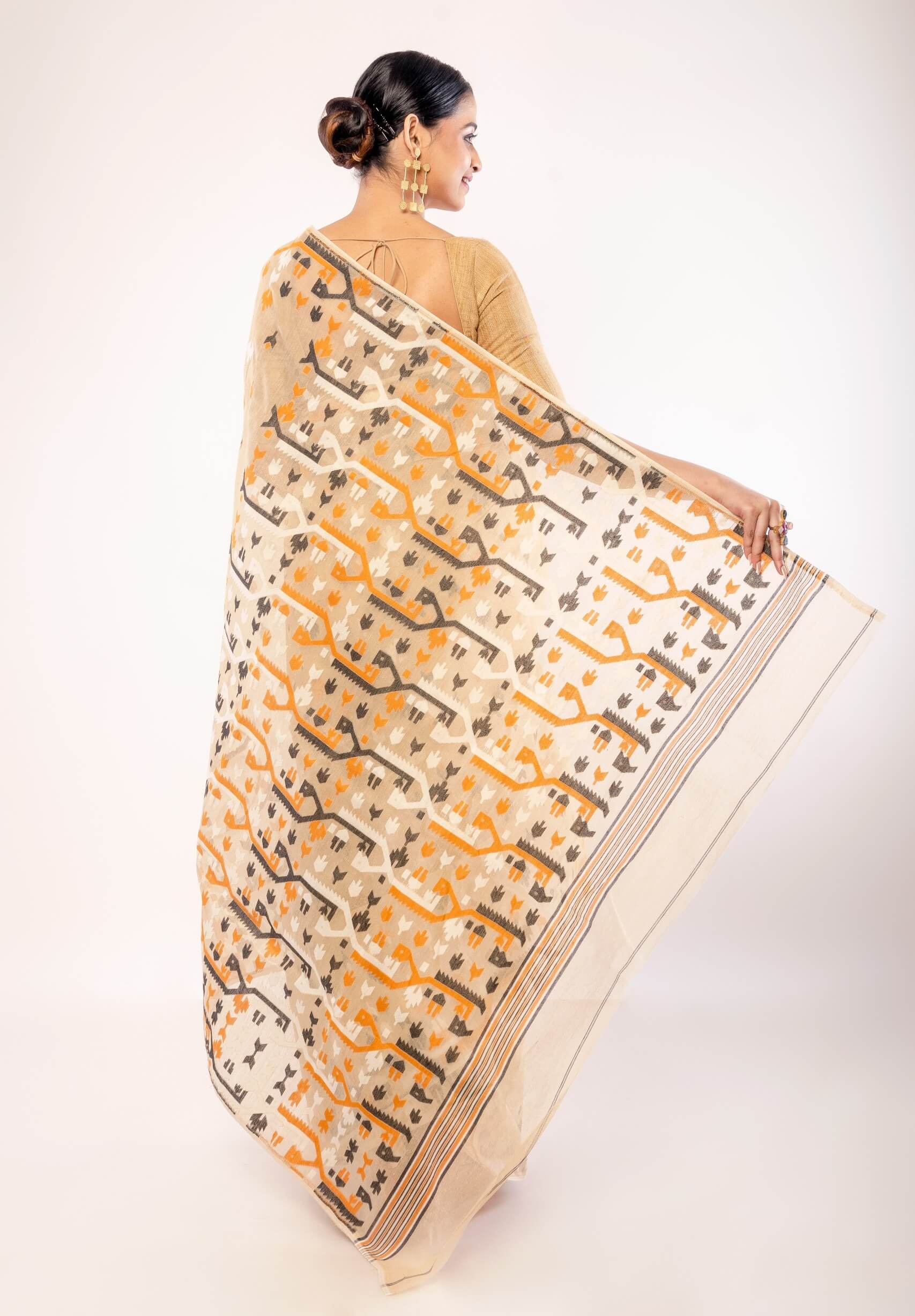 Cream Cotton Pure Dhakai Jamdani Saree with All Over Motifs - Anvi Couture