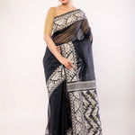 Black and White Pure Cotton Dhakai Jamdani Saree - Anvi Couture