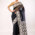Black and White Pure Cotton Dhakai Jamdani Saree - Anvi Couture