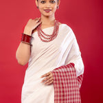 White Cotton Saree with Contrasting Gamcha Print Pallu - Anvi Couture