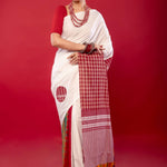 White Cotton Saree with Contrasting Gamcha Print Pallu - Anvi Couture