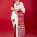 White Cotton Saree with Contrasting Gamcha Print Pallu - Anvi Couture