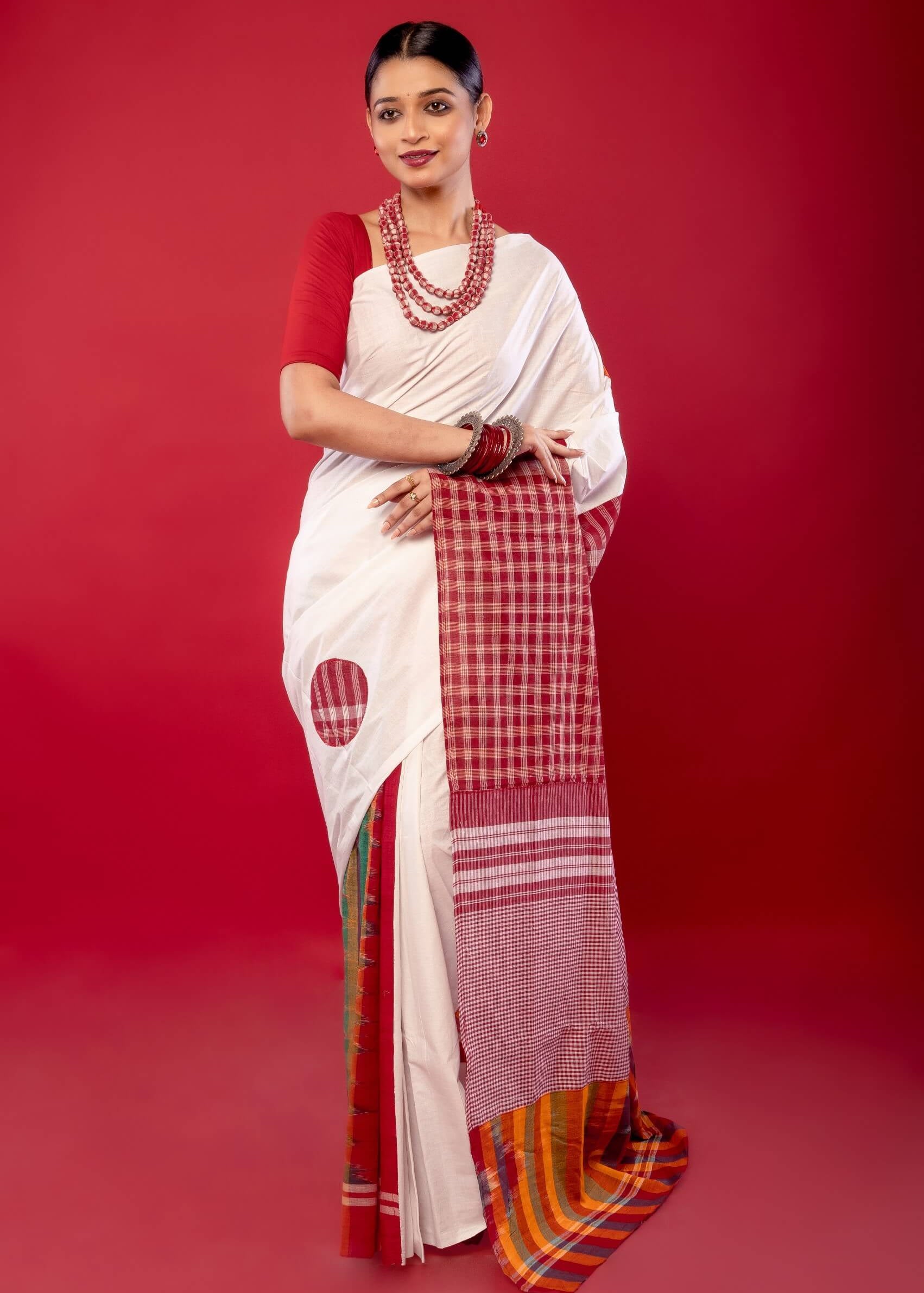 White Cotton Saree with Contrasting Gamcha Print Pallu - Anvi Couture