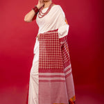 White Cotton Saree with Contrasting Gamcha Print Pallu - Anvi Couture