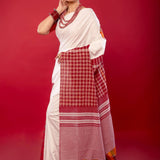 White Cotton Saree with Contrasting Gamcha Print Pallu - Anvi Couture