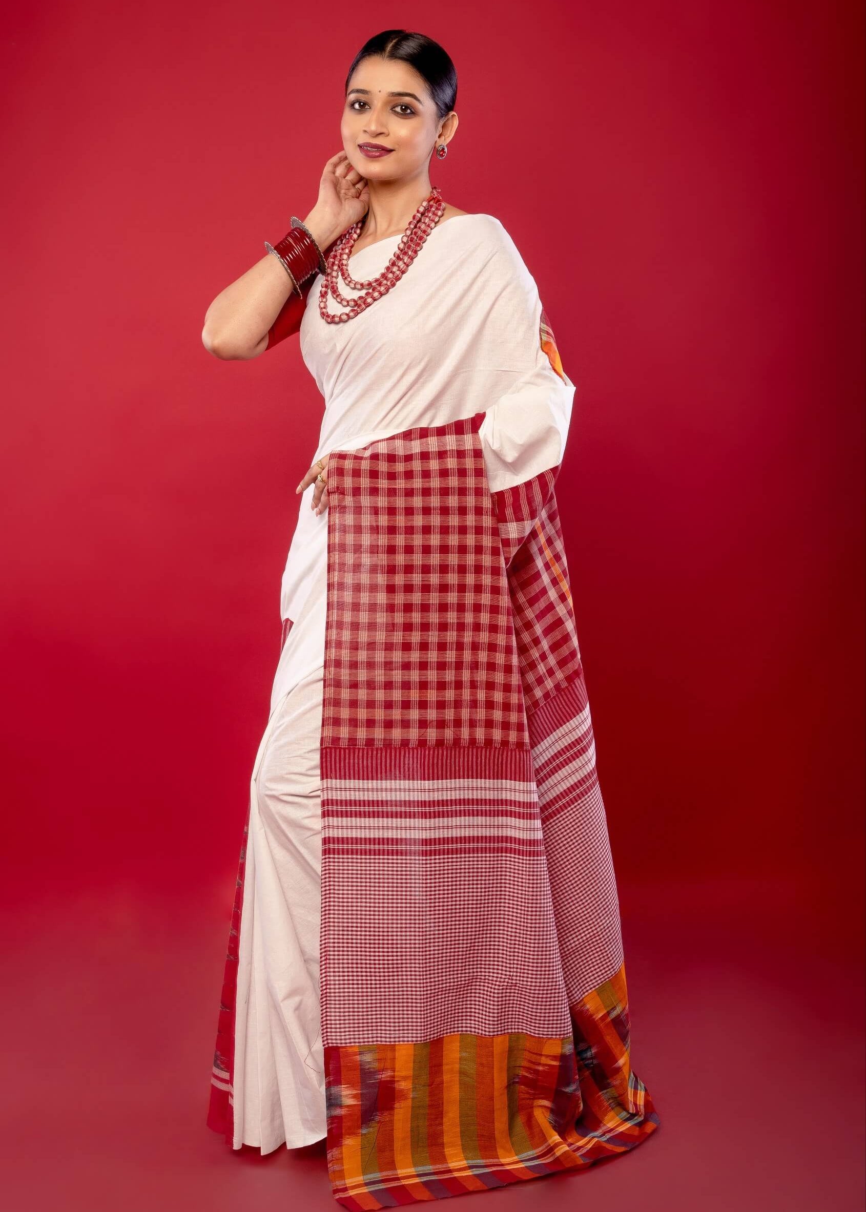White Cotton Saree with Contrasting Gamcha Print Pallu - Anvi Couture
