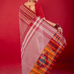 White Cotton Saree with Contrasting Gamcha Print Pallu - Anvi Couture