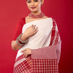 White and Red Cotton Saree with Gamcha Print Border and Pallu - Anvi Couture