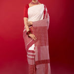 White and Red Cotton Saree with Gamcha Print Border and Pallu - Anvi Couture