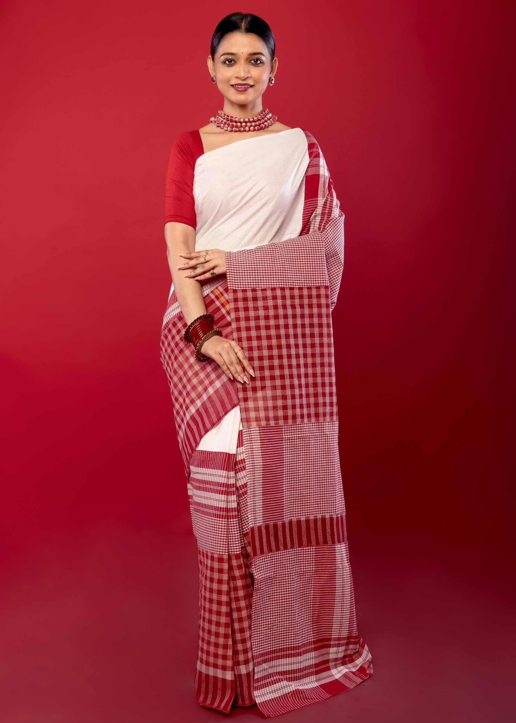 White and Red Cotton Saree with Gamcha Print Border and Pallu - Anvi Couture