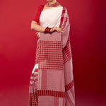 White and Red Cotton Saree with Gamcha Print Border and Pallu - Anvi Couture