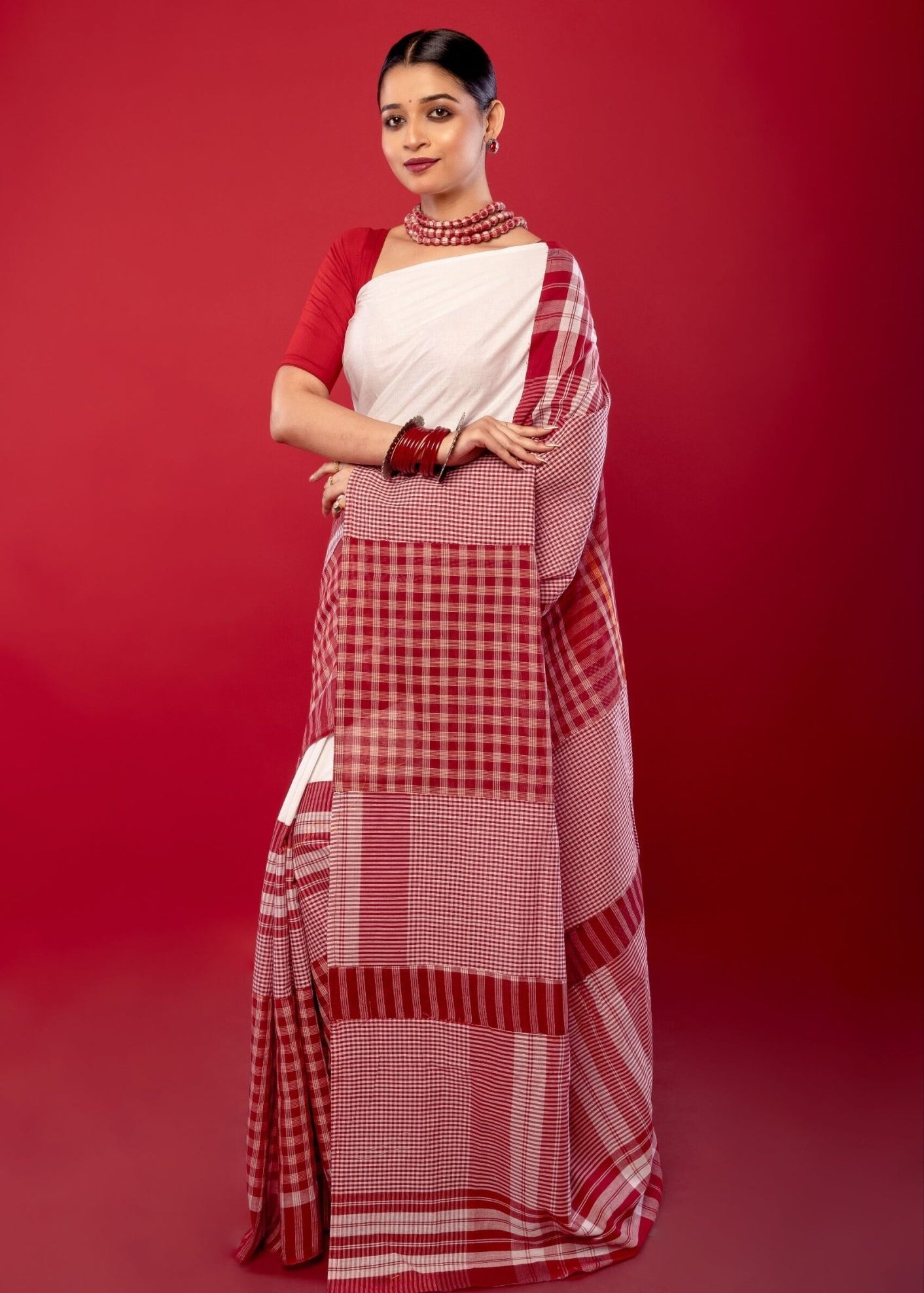 White and Red Cotton Saree with Gamcha Print Border and Pallu - Anvi Couture