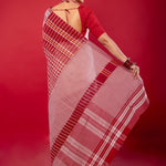 White and Red Cotton Saree with Gamcha Print Border and Pallu - Anvi Couture