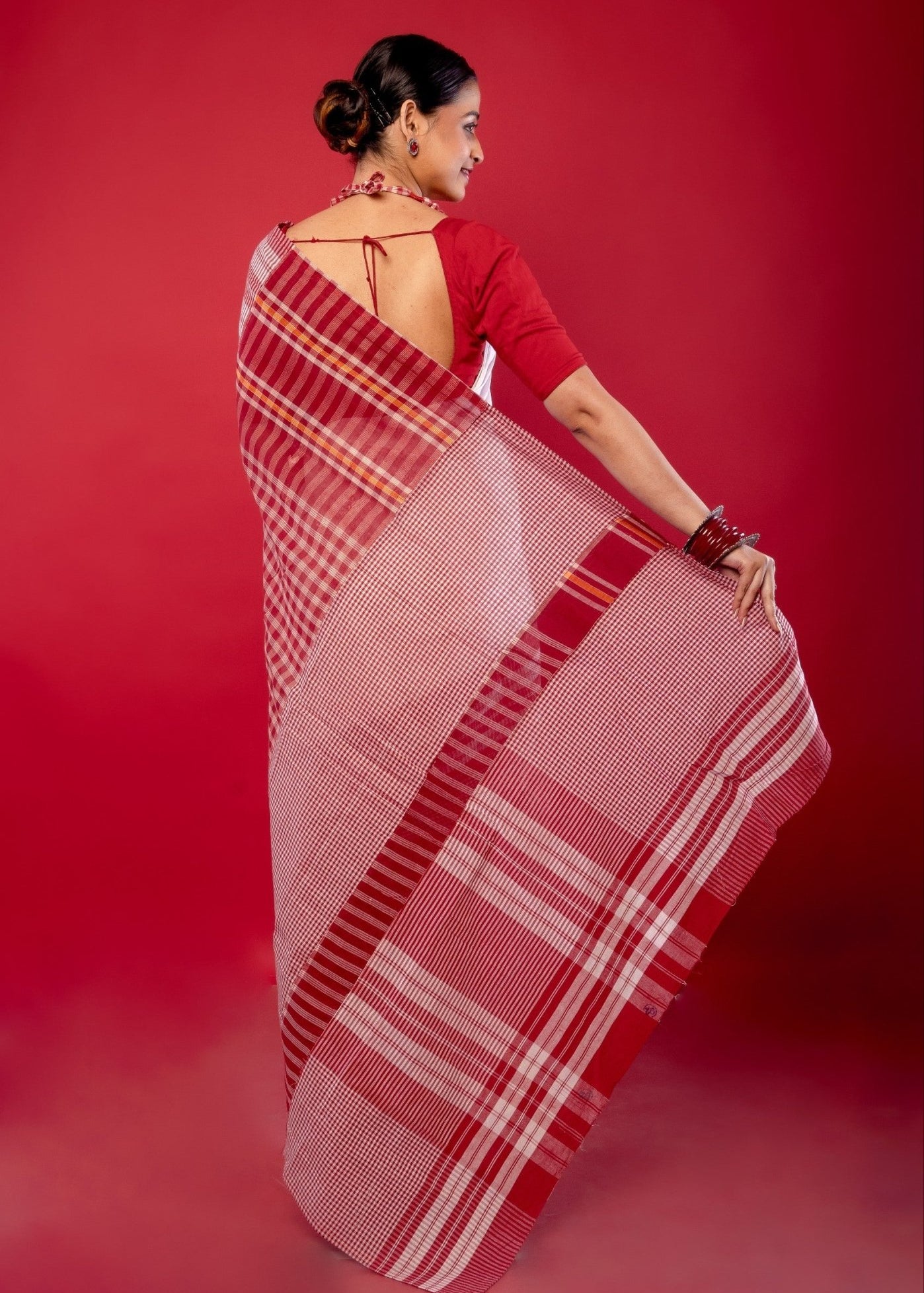 White and Red Cotton Saree with Gamcha Print Border and Pallu - Anvi Couture