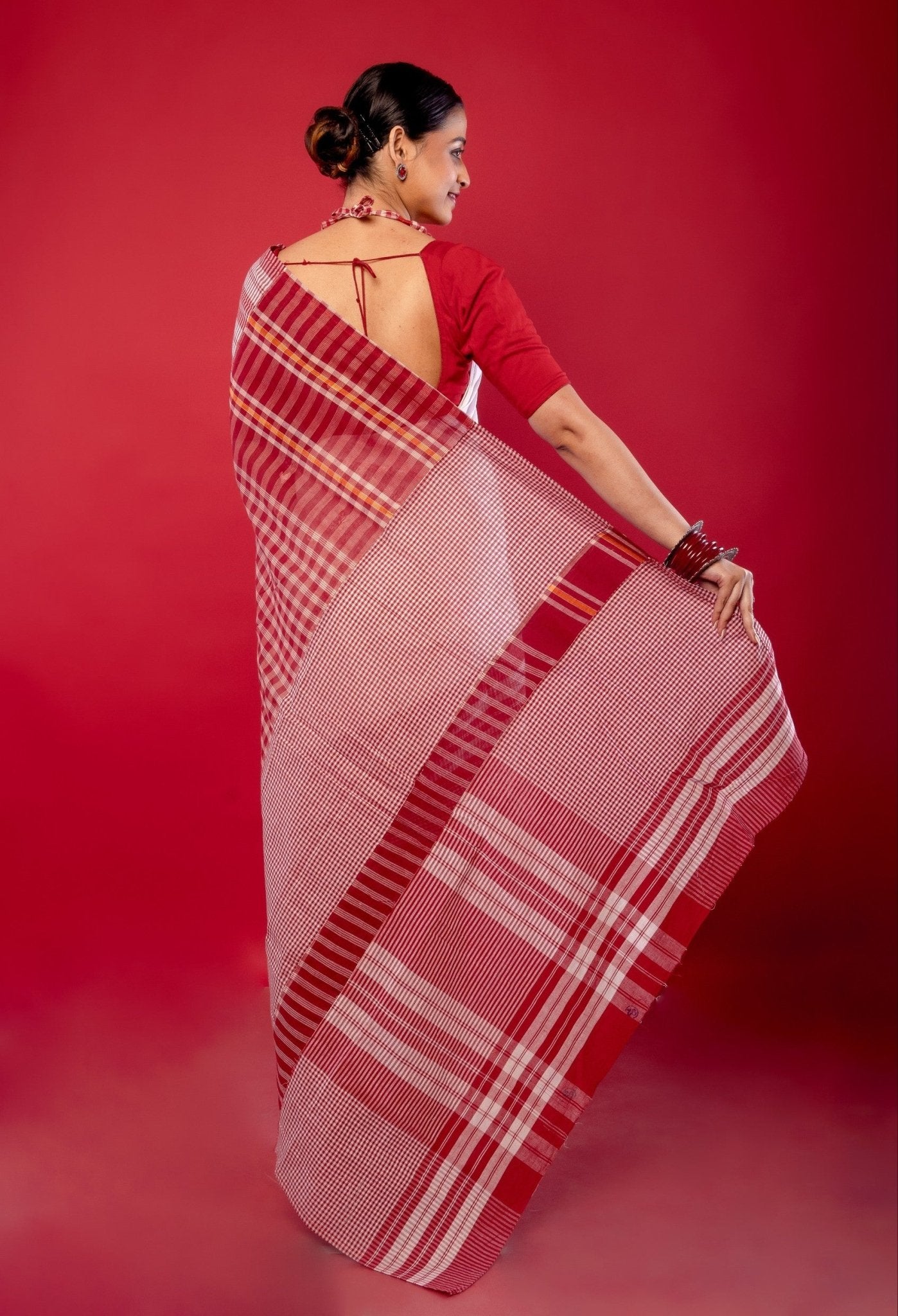 White and Red Cotton Saree with Gamcha Print Border and Pallu - Anvi Couture