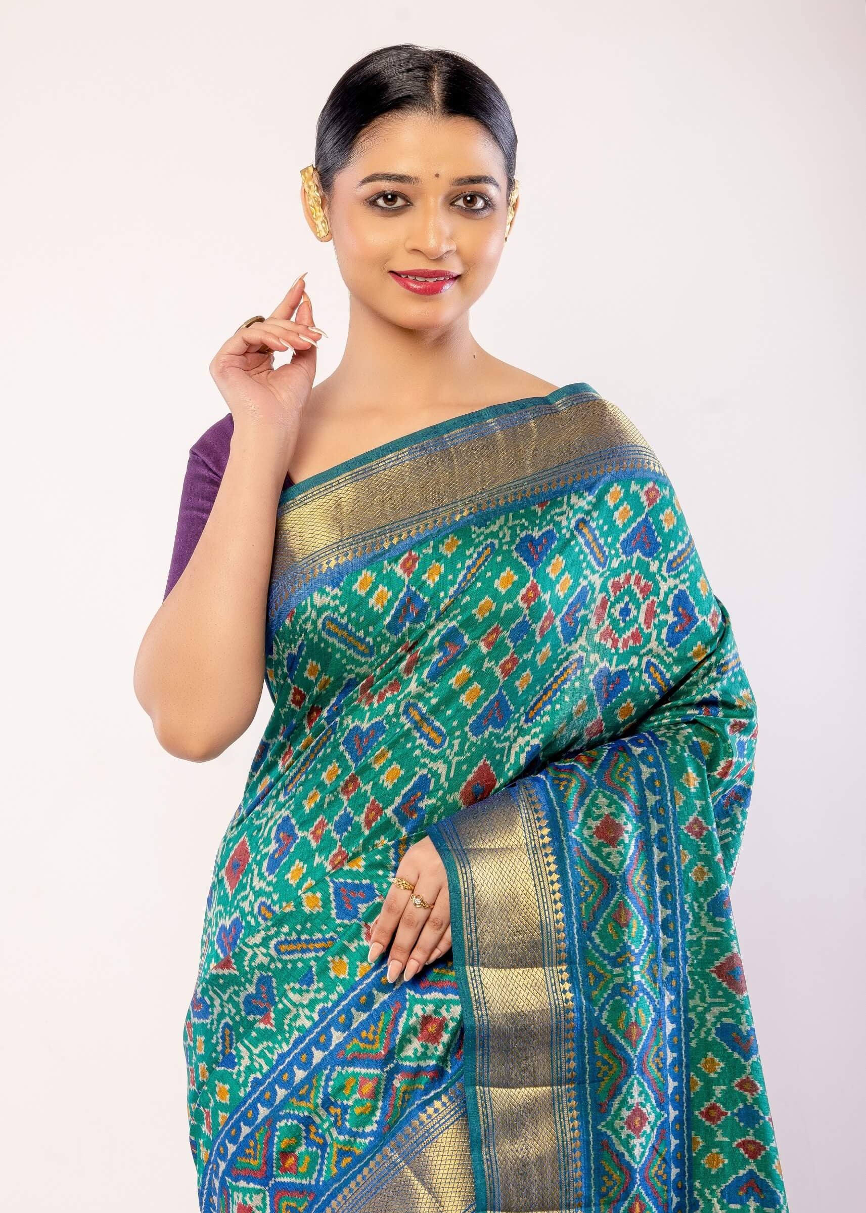 Green Patola Silk Saree with Gold Border - Anvi Couture