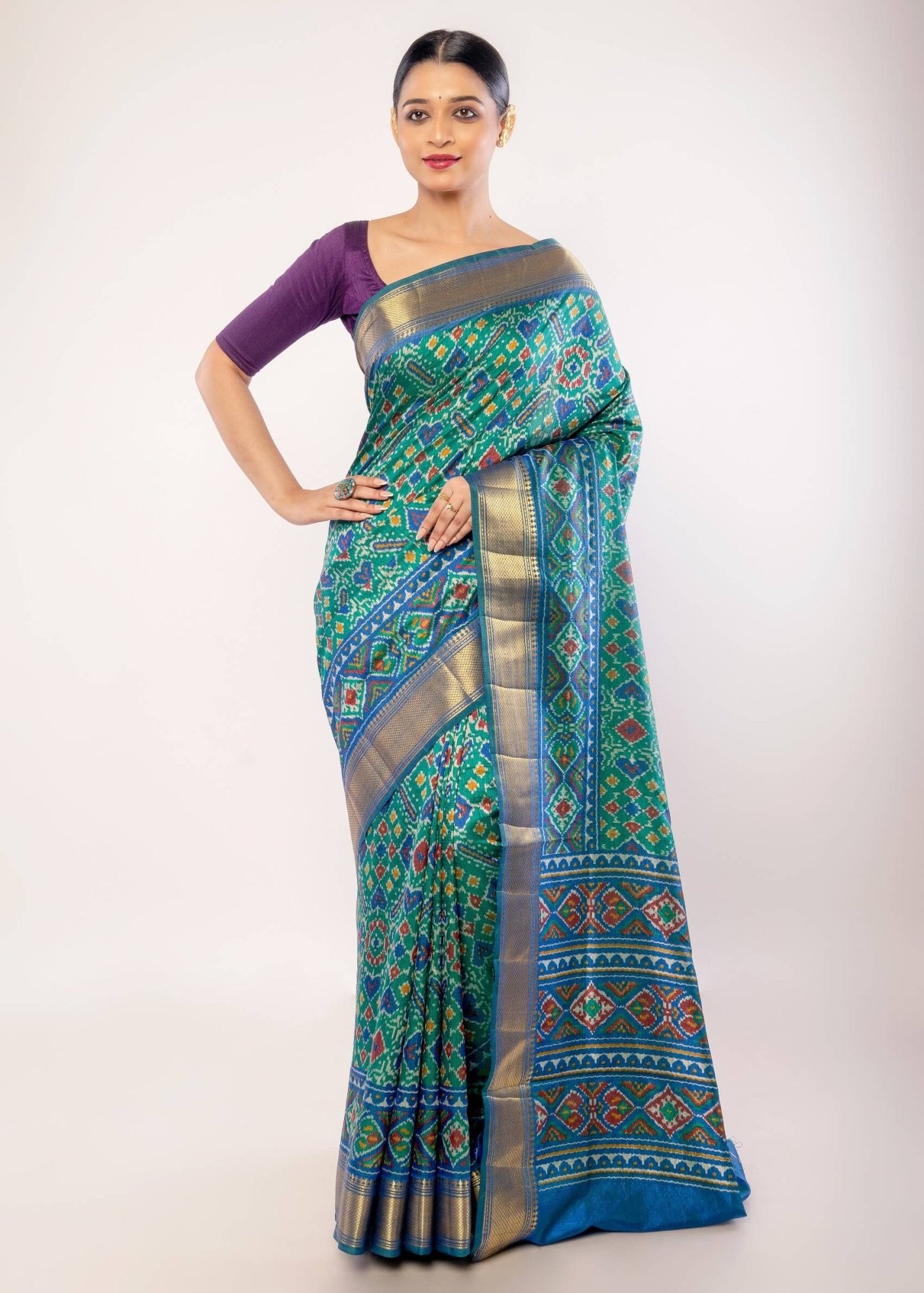 Green Patola Silk Saree with Gold Border - Anvi Couture