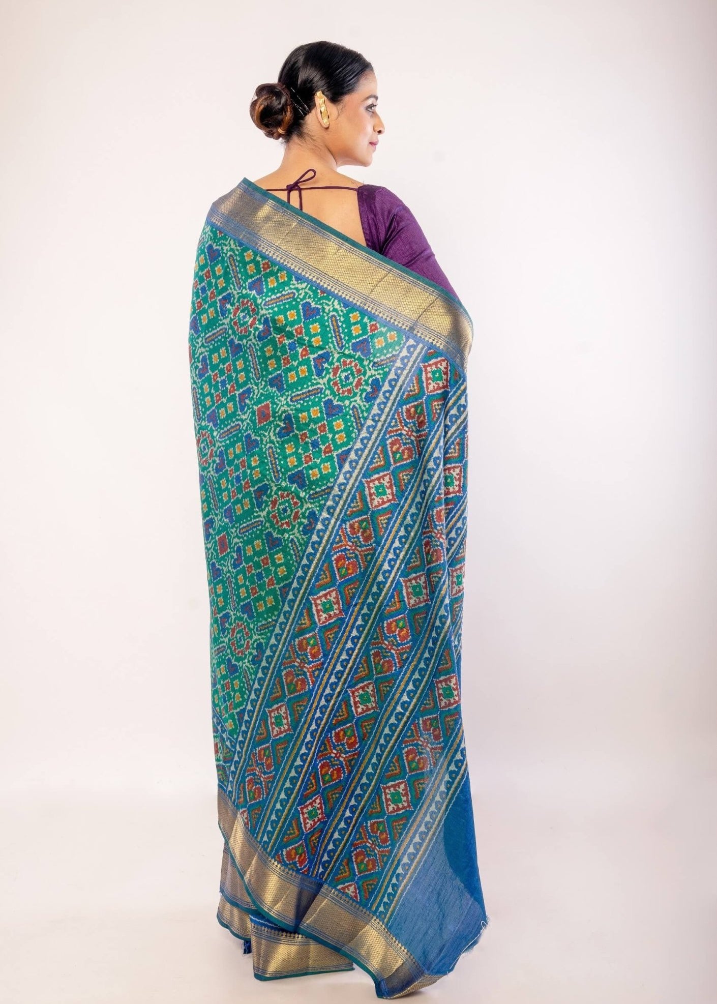 Green Patola Silk Saree with Gold Border - Anvi Couture
