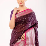 Dark Purple Organza Saree with All - Over Gold Zari Boota and Pink Contrasting Border - Anvi Couture