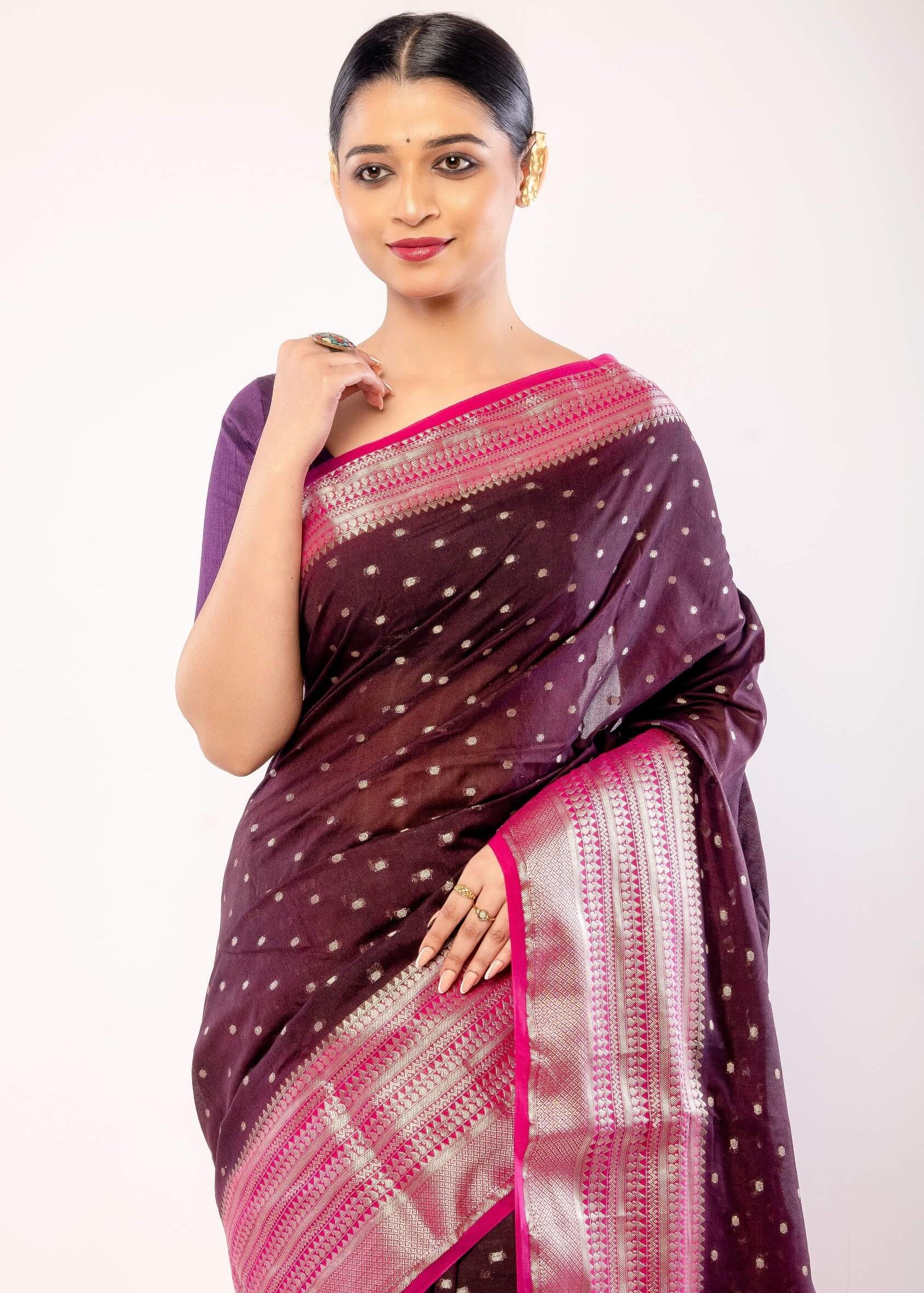 Dark Purple Organza Saree with All - Over Gold Zari Boota and Pink Contrasting Border - Anvi Couture