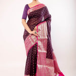 Dark Purple Organza Saree with All - Over Gold Zari Boota and Pink Contrasting Border - Anvi Couture