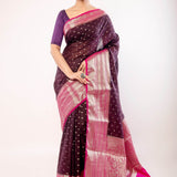 Dark Purple Organza Saree with All - Over Gold Zari Boota and Pink Contrasting Border - Anvi Couture