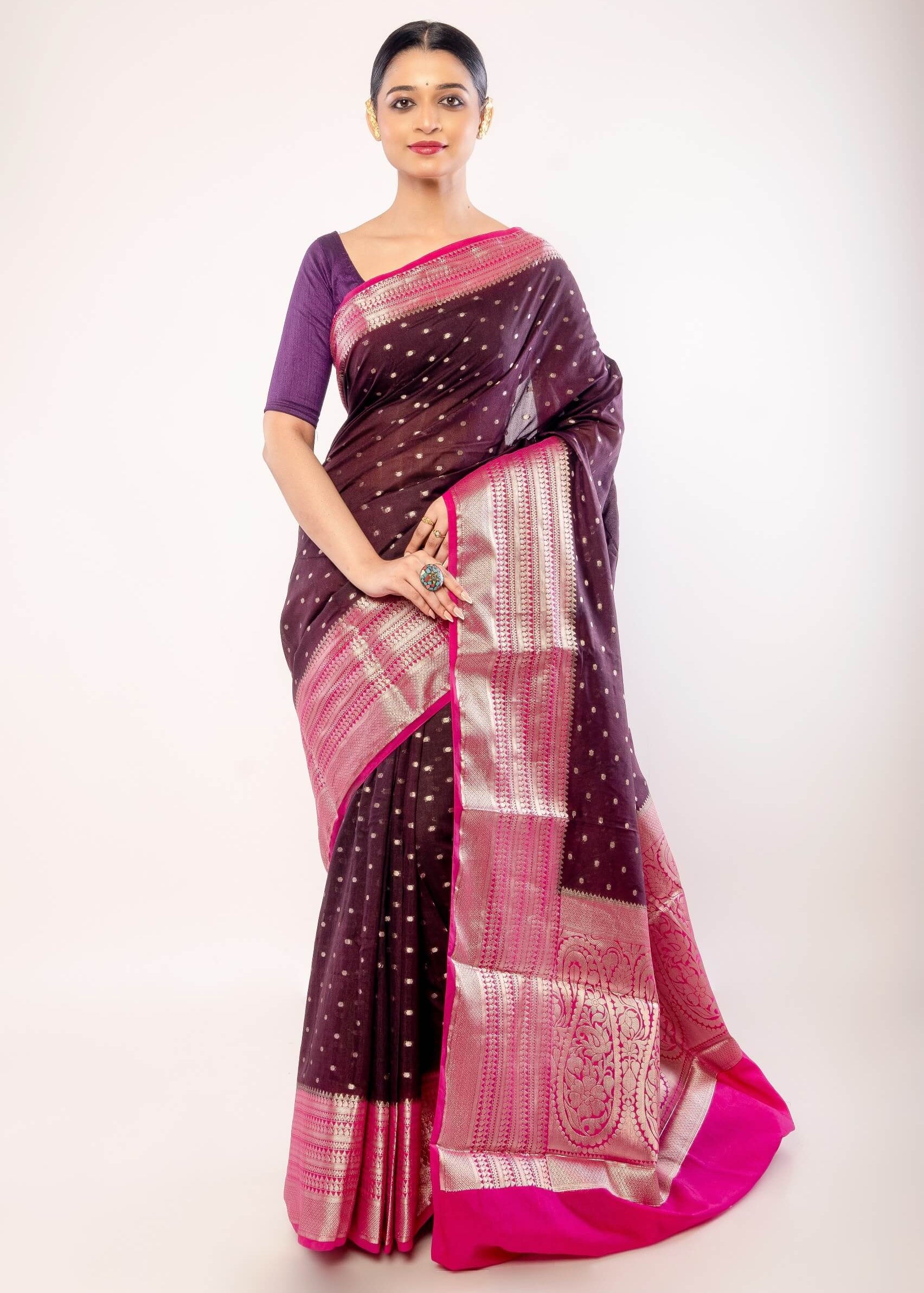 Dark Purple Organza Saree with All - Over Gold Zari Boota and Pink Contrasting Border - Anvi Couture