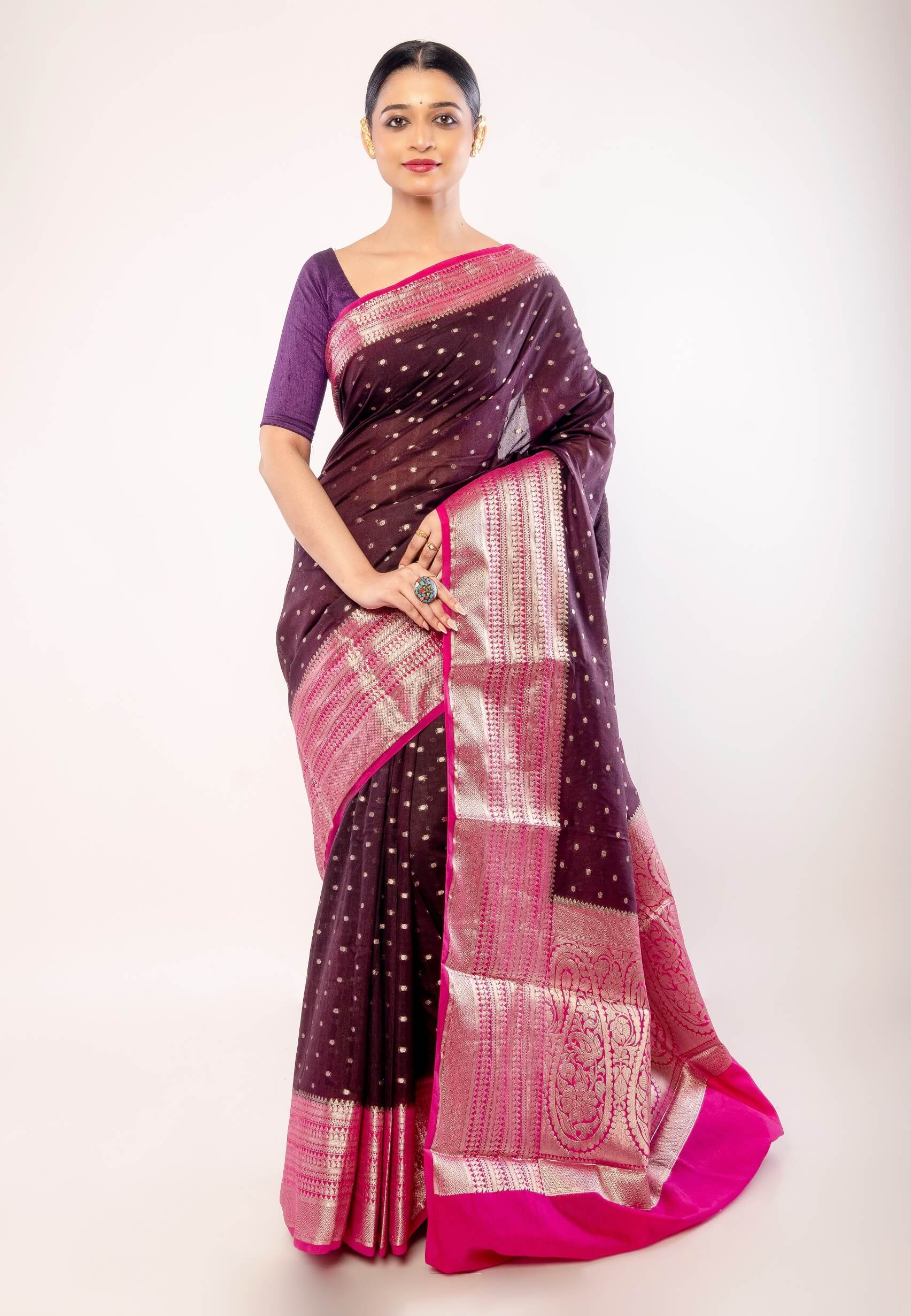 Dark Purple Organza Saree with All - Over Gold Zari Boota and Pink Contrasting Border - Anvi Couture